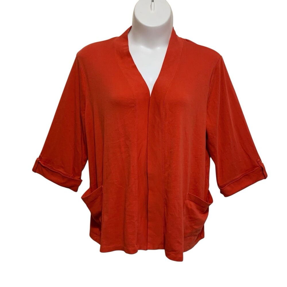 Rafaella Open Front Cardigan Womens Size 2X Red Knit Sweater 3/4 Cuffed Sleeve